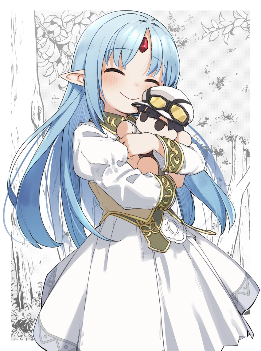 1girl, absurdres, blue_hair, blush, character_doll, closed_eyes, collared_dress, commentary_request