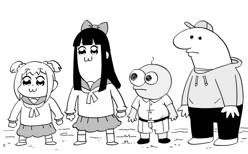 2boys, 2girls, :3, absurdres, arms_at_sides, bald, bangs, baseball_cap, bb_(baalbuddy), belt, blunt_bangs, bow, buttons, charlie_(smiling_friends), clenched_hands, closed_mouth, collared_shirt, commentary, crossover, drawstring, english_commentary, eyebrows_visible_through_hair, flat_chest, full_body, greyscale, hair_bow, hat, highres, hime_cut, hood, hood_down, hoodie, long_hair, long_sleeves, miniskirt, monochrome, multiple_boys, multiple_girls, neckerchief, pants, pim_(smiling_friends), pipimi, pleated_skirt, poptepipic, popuko, sailor_collar, school_uniform, serafuku, shirt, shoes, short_hair, short_sleeves, shorts, sidelocks, simple_background, sketch, skirt, smiling_friends, solid_circle_eyes, standing, sweater, two_side_up, white_background