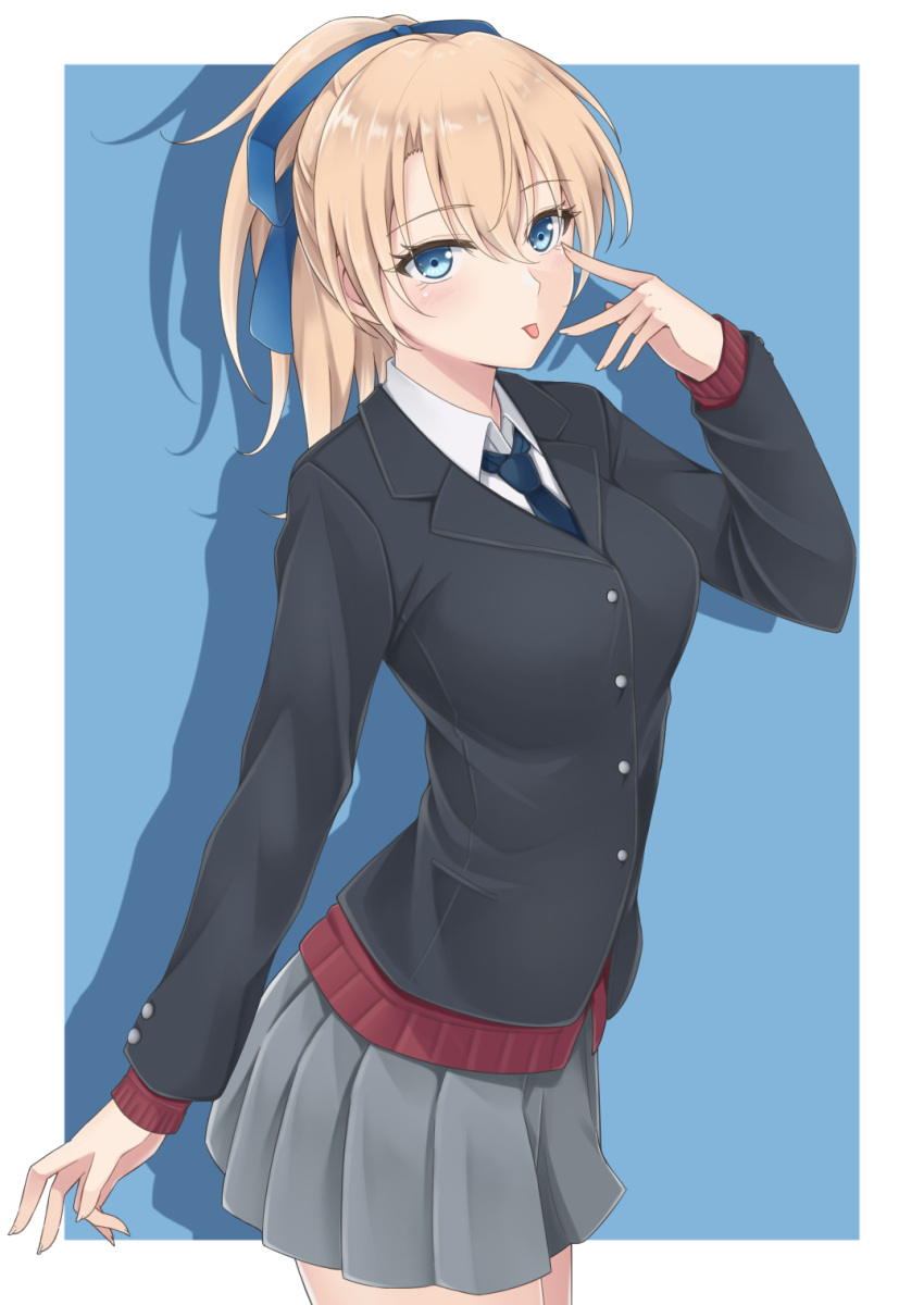 1girl, akanbe, black_jacket, blazer, blonde_hair, blue_background, blue_eyes, blue_necktie, blue_ribbon, border, cardigan, cowboy_shot, grey_skirt, hair_ribbon, highres, jacket, long_hair, necktie, original, red_cardigan, rei_(09991), ribbon, school_uniform, skirt, solo, tongue, tongue_out, white_border