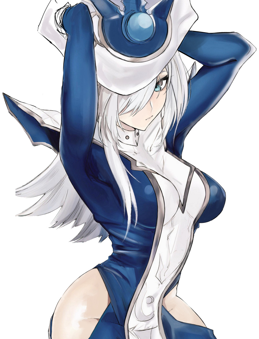 1girl, absurdres, bangs, blue_bodysuit, blue_eyes, blue_headwear, bodysuit, bontomu, breasts, commentary, duel_monster, expressionless, hair_over_one_eye, highres, hip_vent, holding_headdress, long_hair, medium_breasts, one_eye_covered, silent_magician, solo, white_background, white_hair, yu-gi-oh!