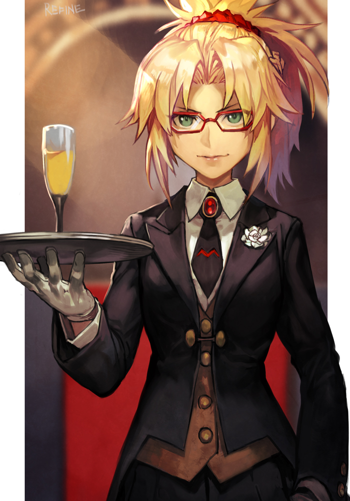 1girl, bangs, blonde_hair, fate/apocrypha, fate/grand_order, fate_(series), formal, glasses, gloves, green_eyes, hair_intakes, hair_ornament, hankuri, jacket, long_hair, looking_at_viewer, mordred_(fate), mordred_(fate/apocrypha), mordred_(formal_dress)_(fate), necktie, ponytail, red_scrunchie, scrunchie, shirt, solo, suit, white_gloves, white_shirt