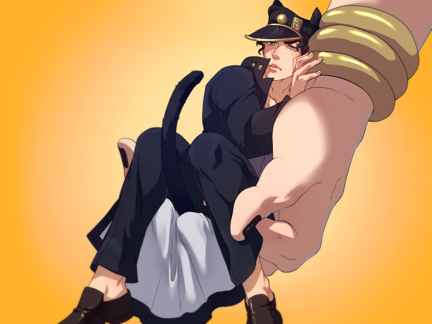 1boy, animal_ears, black_hair, black_nails, bracelet, cat_ears, cat_tail, dio_brando