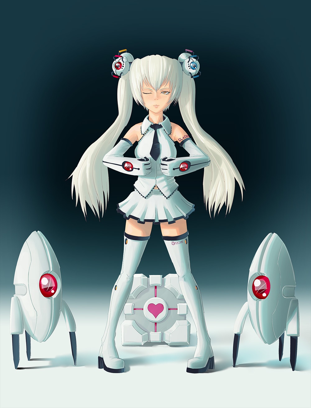 elbow_gloves, female, glados, glados-tan, gloves, hair_ornament, long_hair, miniskirt