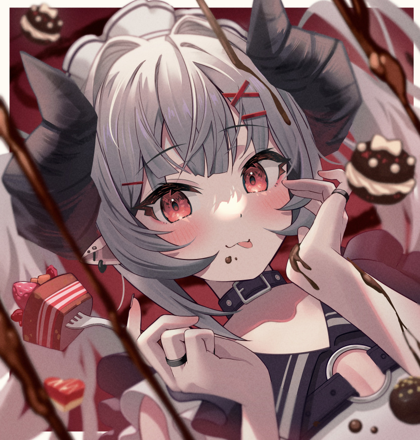 1girl, absurdres, arms_up, blurry, blurry_background, blush, border, cake