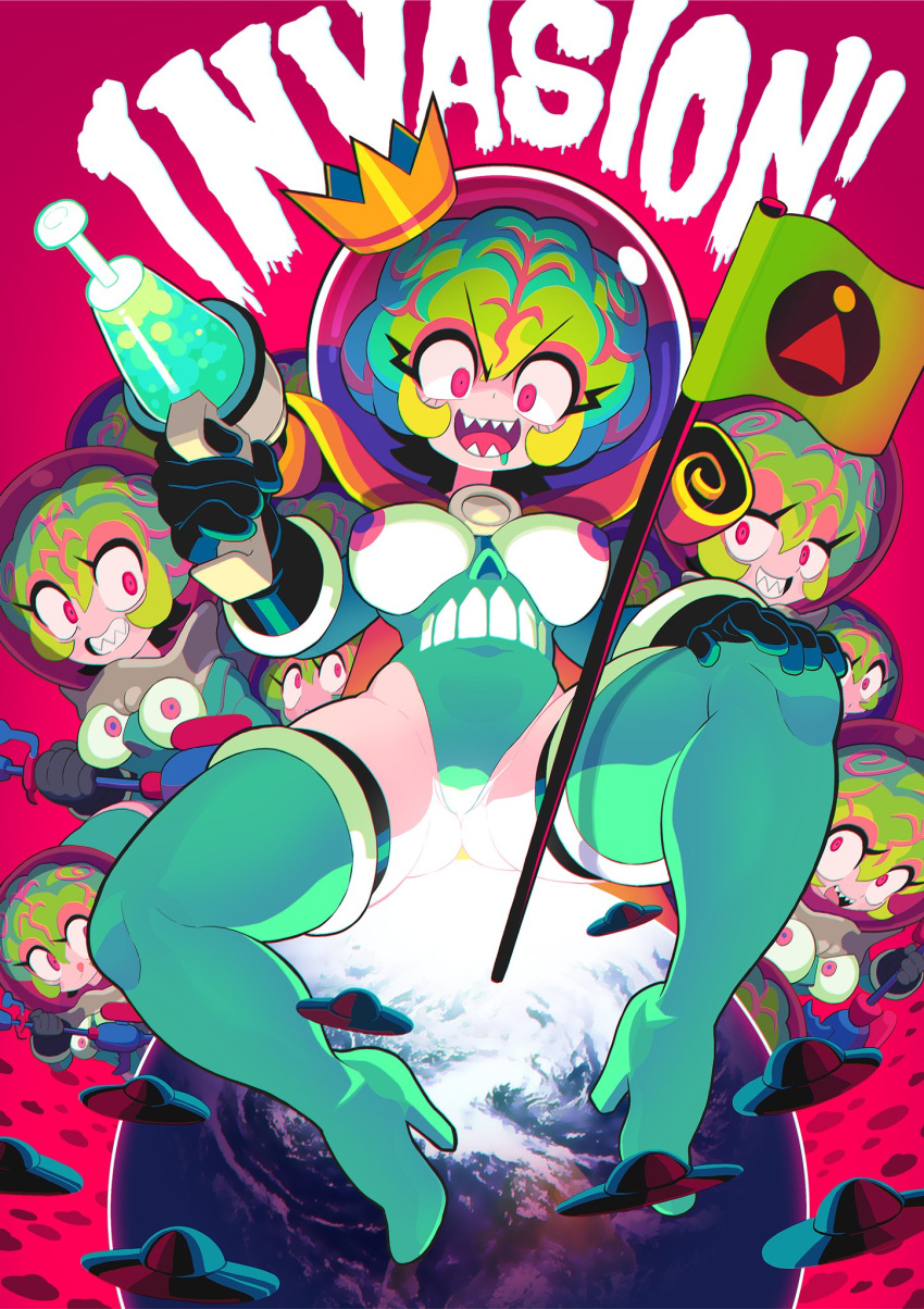 6+girls, alien, black_gloves, boots, breasts, crown, drooling, earth_(planet), energy_gun, english_text, evil_grin, evil_smile, fishbowl_helmet, flag, flying_saucer, from_below, gashi-gashi, gloves, green_footwear, grin, hand_on_own_knee, high_heel_boots, high_heels, highres, holding, holding_weapon, looking_at_viewer, mars_attacks!, medium_breasts, multiple_girls, planet, ray_gun, red_eyes, science_fiction, sharp_teeth, smile, space, space_craft, space_helmet, spacesuit, teeth, thick_thighs, thigh-highs, thigh_boots, thighs, weapon