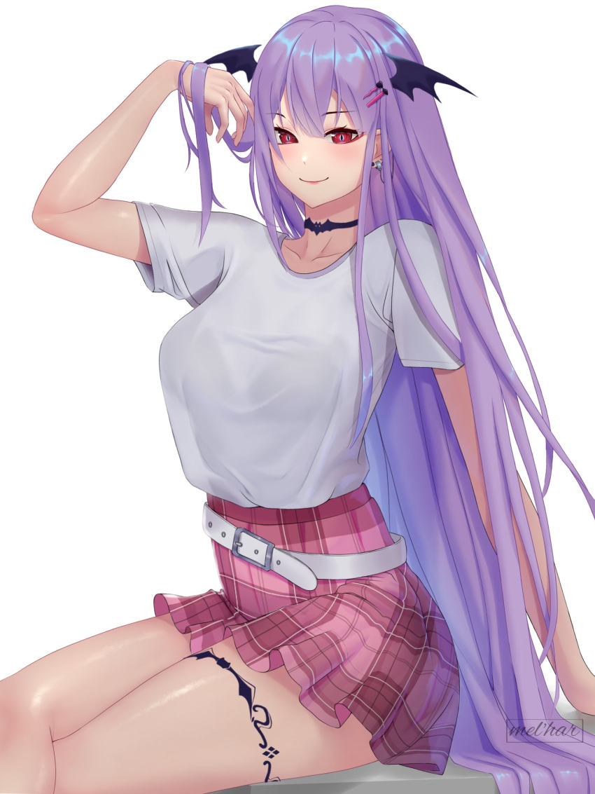 1girl, bangs, belt, breasts, collarbone, earrings, english_commentary, hair_ornament, hairclip, hand_in_hair, head_wings, highres, ibispaint_(medium), indie_virtual_youtuber, jewelry, large_breasts, leg_tattoo, long_hair, looking_at_viewer, mel'hr, mythia_batford, pink_skirt, plaid, plaid_skirt, red_eyes, shirt_tucked_in, sitting, skirt, smile, solo, tattoo, very_long_hair, virtual_youtuber, white_background, white_belt