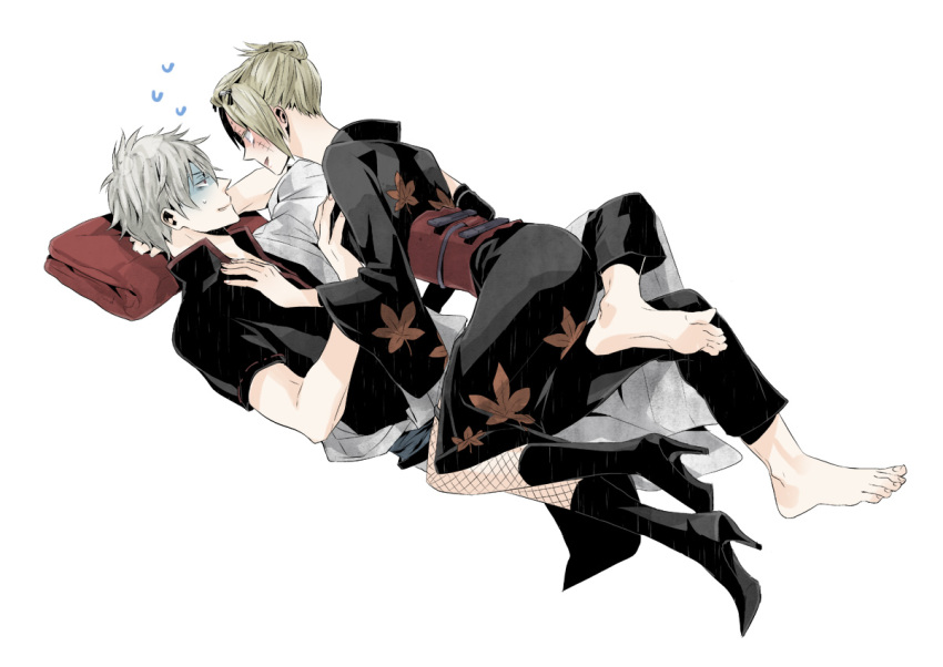 1boy, 1girl, barefoot, blonde_hair, blush, breast_grab, breasts, couple