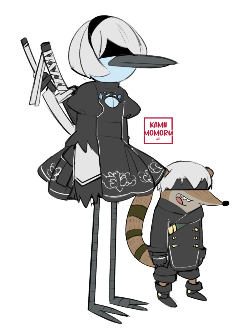 2boys, artist_name, black_blindfold, black_dress, black_footwear, black_hairband, black_jacket, black_shorts
