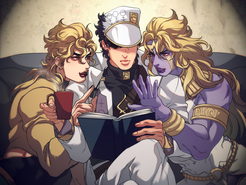 3boys, armband, black_hair, book, bracelet, coat, coffee_mug, colored_skin
