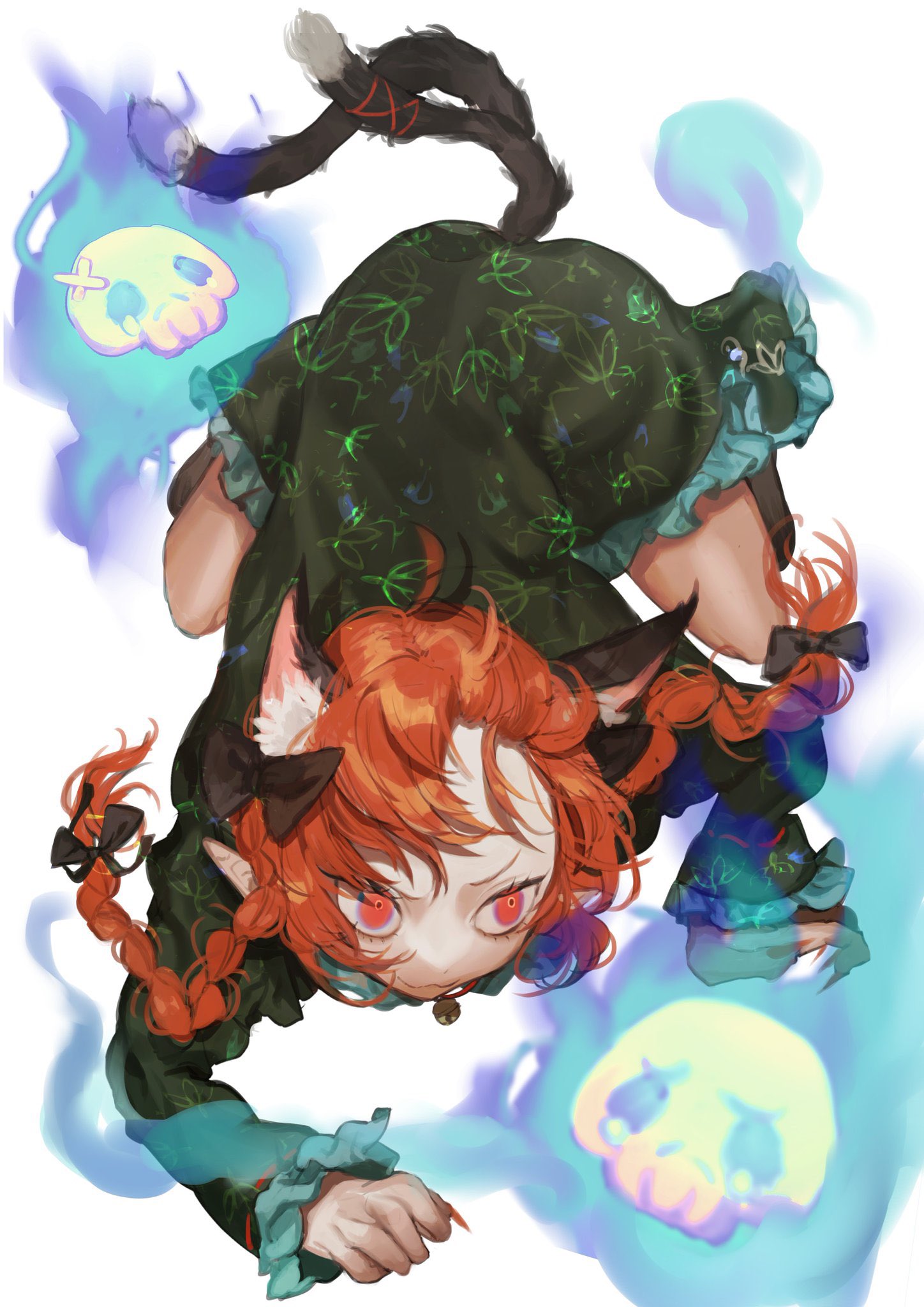 1girl, :3, ahoge, all_fours, animal_ear_fluff, animal_ears, black_bow, blue_fire