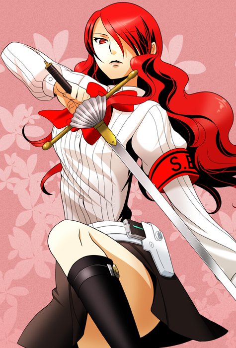 boots, bow, crossdraw_holster, gun, gun_holster, holster, kirijou_mitsuru, long_hair