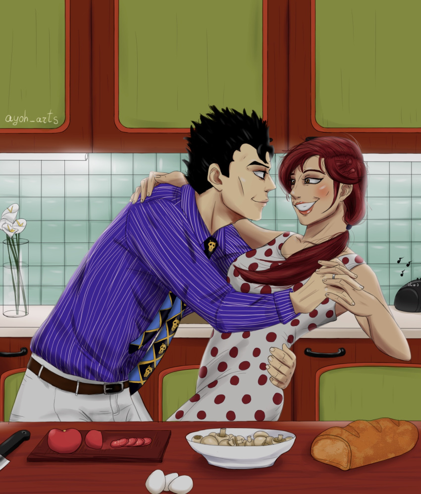 1boy, 1girl, anime, ayoh_arts, black_eyes, black_hair, bread, couple, dance, dancing, dinner, egg, eggs, fanart, flower, flowers, food, happy, jojo_no_kimyou_na_bouken, kira_yoshikage, kitchen, knife, love, manga, married, mushroom, music, necktie, redhead, shinobu_kawajiri, smile, tomato, white_dress, yellow_eyes