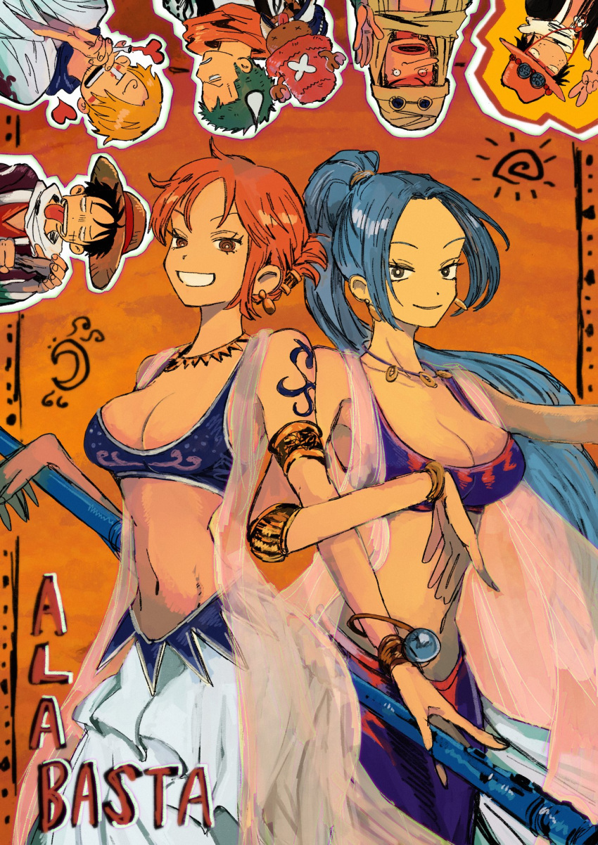 2girls, 6+boys, black_eyes, black_hair, blonde_hair, blue_hair, blue_pants, bracelet, breasts, clima-tact, crop_top, earrings, egyptian_clothes, forehead, green_hair, hat, highres, jewelry, log_pose, makenevemoiine, medium_breasts, midriff, monkey_d._luffy, multiple_boys, multiple_girls, nami_(one_piece), navel, necklace, nefertari_vivi, one_piece, orange_hair, pants, ponytail, portgas_d._ace, roronoa_zoro, sanji, scarf, short_hair, shoulder_tattoo, sleeveless, straw_hat, tattoo, usopp, v