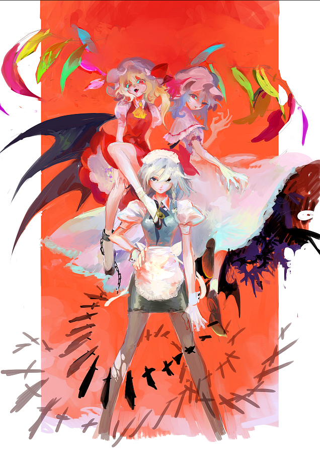 3girls, :d, ankle_socks, apron, bat_wings, blonde_hair, blue_hair, bow