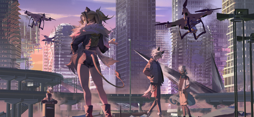 1boy, 3girls, absurdres, ambience_synesthesia, animal_ears, arknights, ass, chameleon_tail