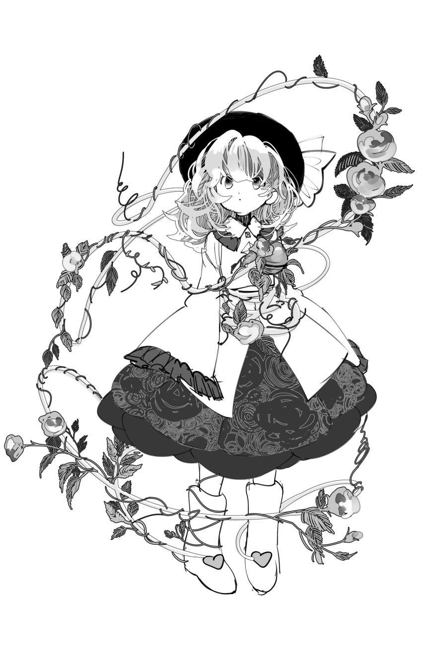 1girl, :o, absurdres, blouse, boots, bubble_skirt, flower, full_body