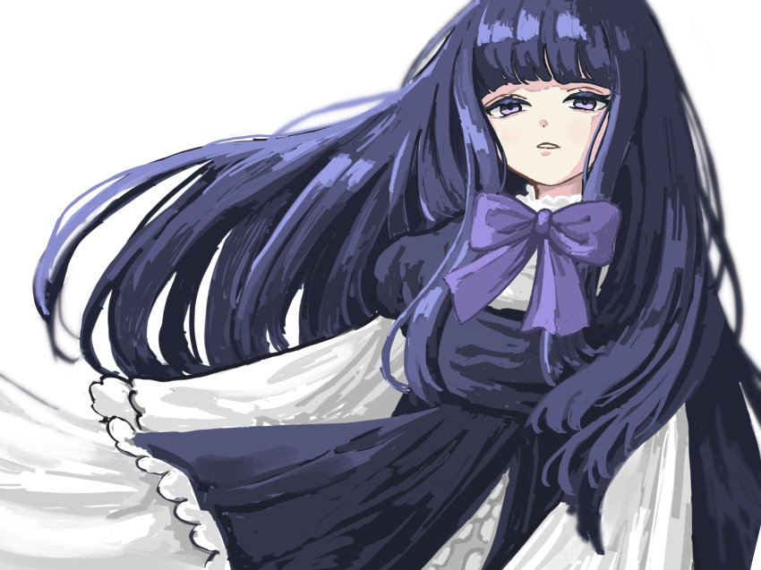 1girl, aramosaurus, bangs, blunt_bangs, bow, bowtie, cowboy_shot, dress, frederica_bernkastel, frilled_dress, frilled_skirt, frills, highres, long_hair, looking_at_viewer, parted_lips, purple_bow, purple_dress, purple_hair, skirt, solo, umineko_no_naku_koro_ni, violet_eyes, white_background, white_sleeves, wide_sleeves