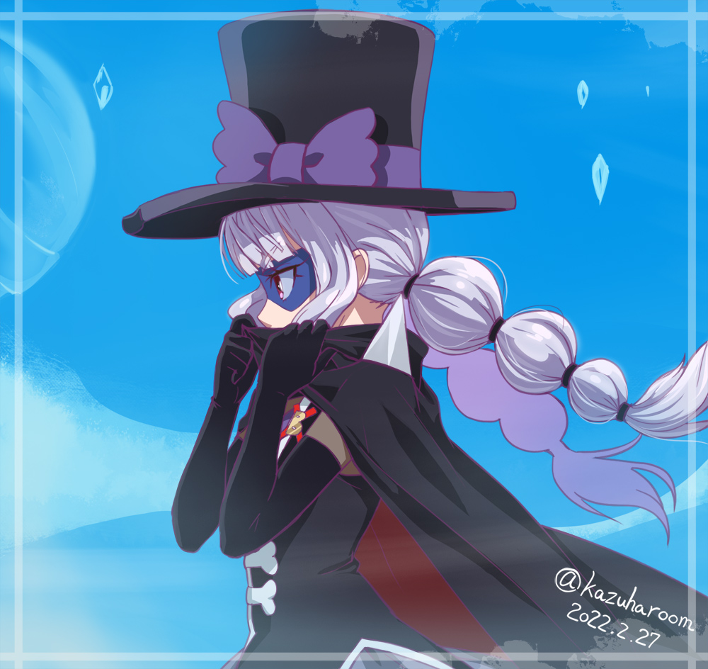 1girl, black_cape, black_gloves, black_headwear, blue_background, braid, cape, commentary_request