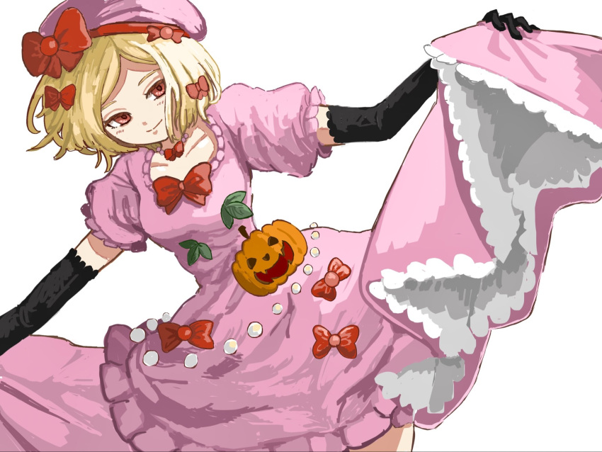 1girl, aramosaurus, black_gloves, blonde_hair, blush, bow, breasts, cowboy_shot