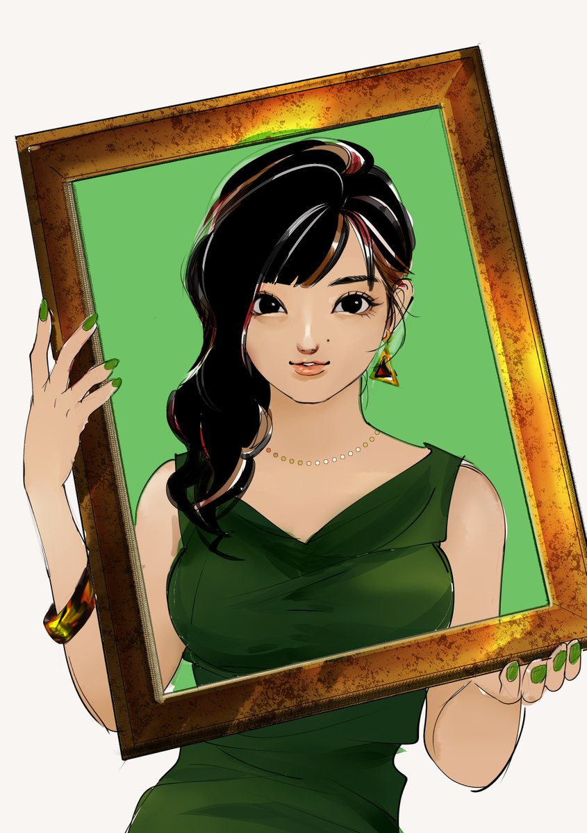 1girl, black_eyes, black_hair, bracelet, brown_hair, earrings, empty_picture_frame, green_nails