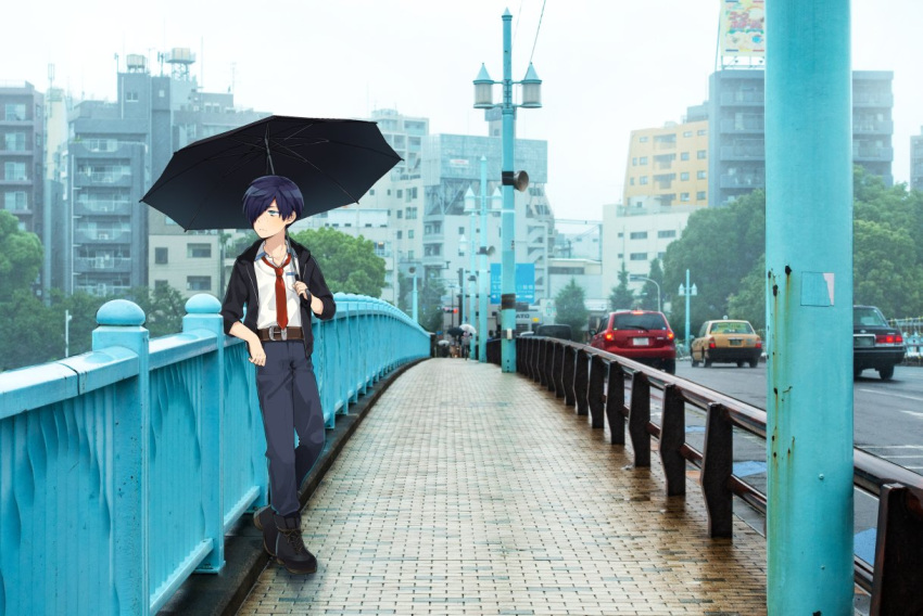 1boy, belt, black_footwear, black_hair, black_umbrella, building, car, ground_vehicle
