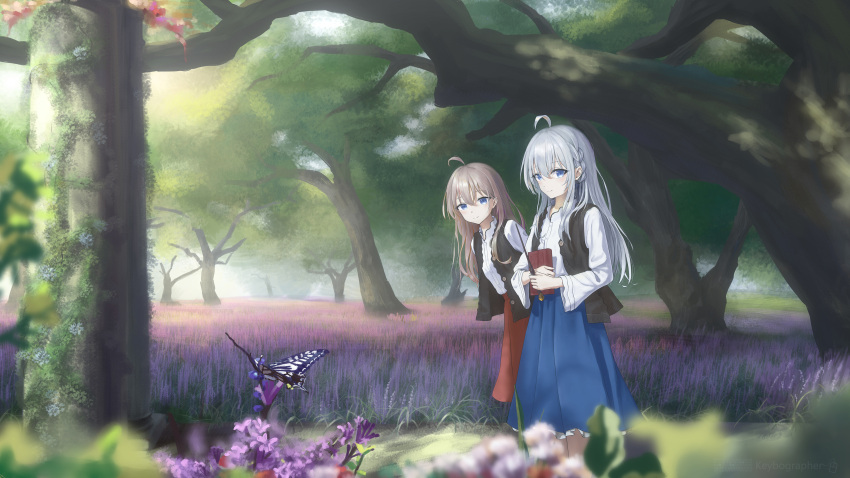 2girls, absurdres, ahoge, bangs, blue_eyes, blue_skirt, blurry, blurry_foreground