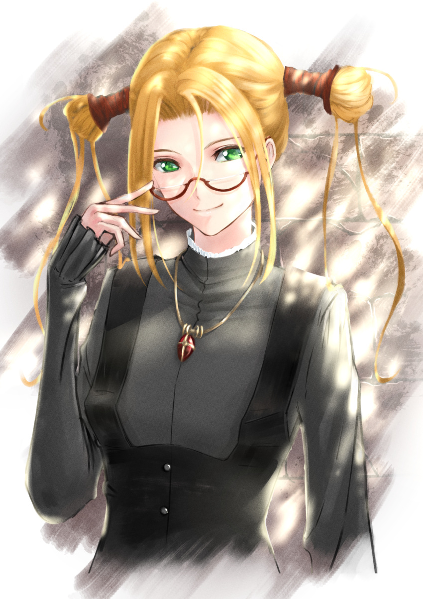 1girl, against_wall, bangs, black_skirt, blonde_hair, brick_wall, dress_shirt, green_eyes