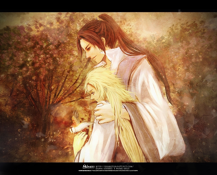 bird, blonde_hair, brown_hair, character_request, enki, hand_on_shoulder, juuni_kokuki, king_en