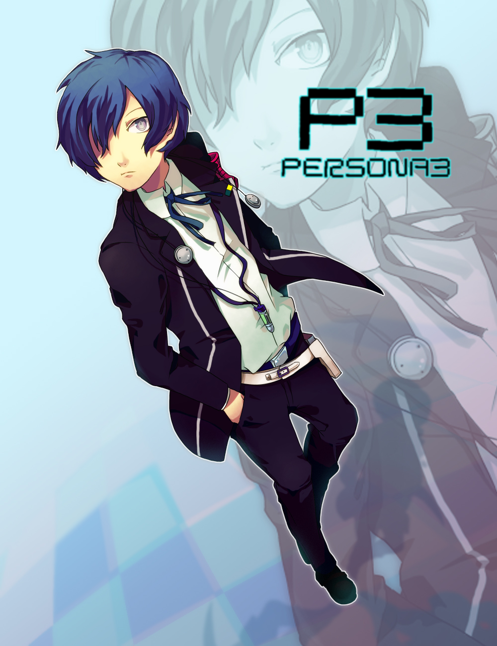 armband, bad_id, blue_hair, crossdraw_holster, digital_media_player, earphones, gun, gun_holster, highres, holster, mp3_player, persona, persona_3, school_uniform, sunplus, weapon, zoom_layer