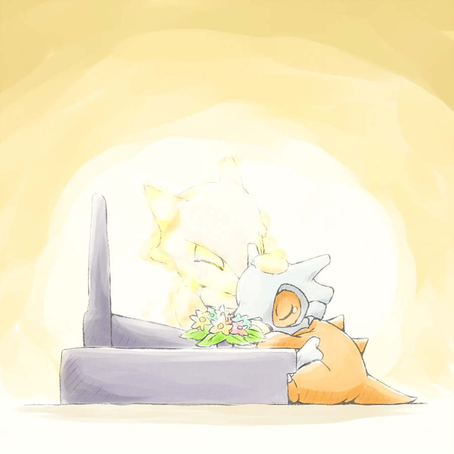 bone, closed_eyes, closed_mouth, commentary_request, cubone, flower, from_side, ghost