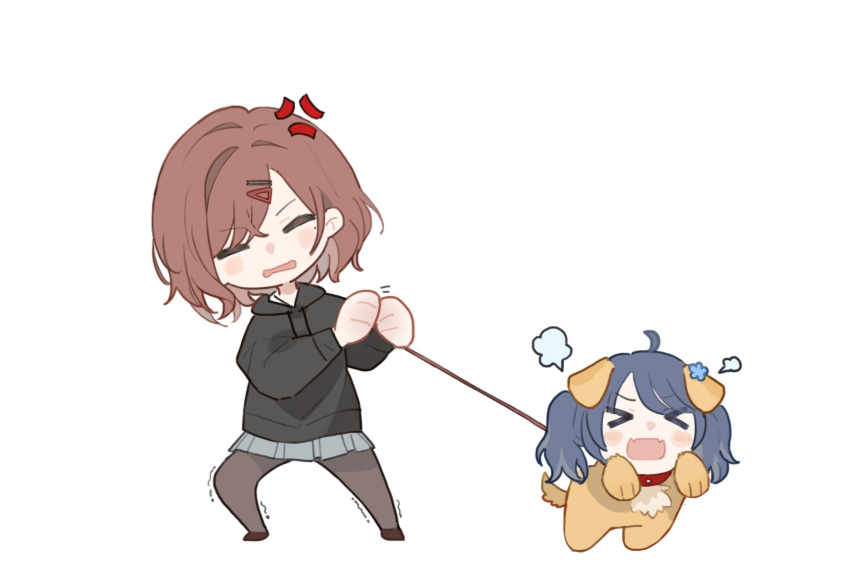 >_<, 2girls, ahoge, anger_vein, bangs, blue_hair, blush_stickers, brown_footwear