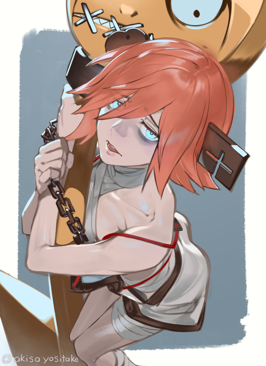1girl, a.b.a, akisa_(12023648), bags_under_eyes, bandages, bare_shoulders, blood, blood_on_clothes