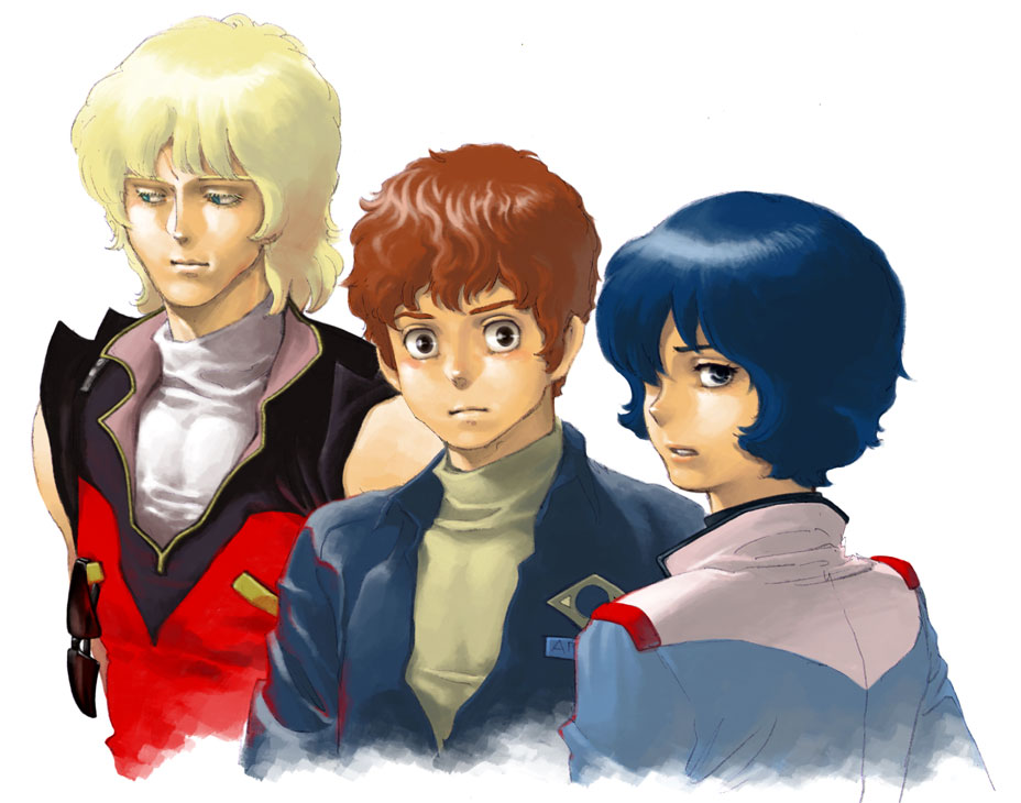 3boys, amuro_ray, blonde_hair, blue_eyes, blue_hair, brown_eyes, brown_hair, bunkosu