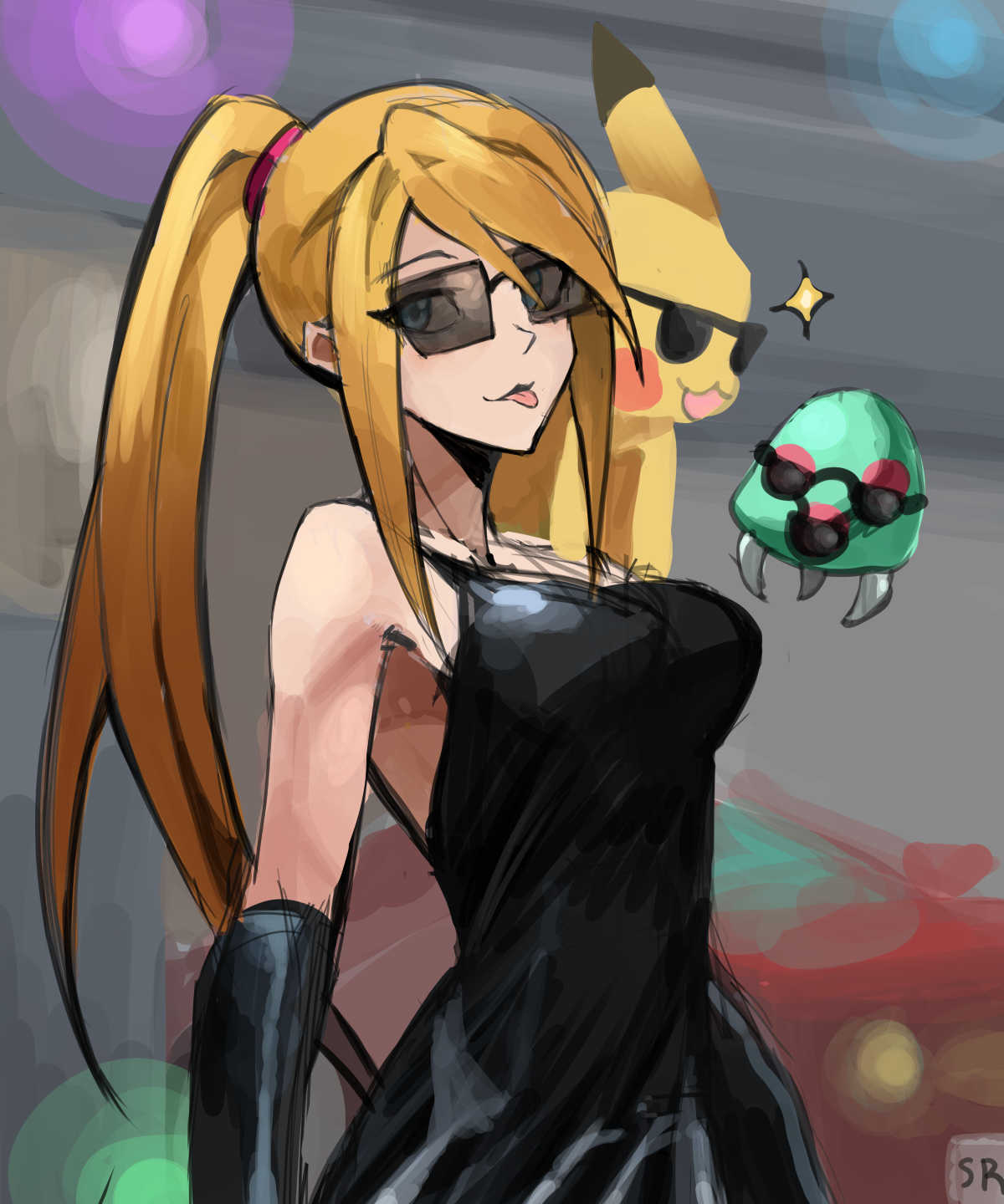 1girl, bare_shoulders, blonde_hair, blue_eyes, elbow_gloves, glasses, gloves, highres
