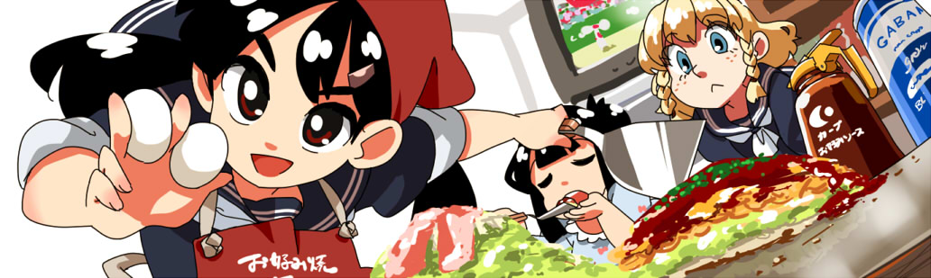 black_hair, blonde_hair, blue_eyes, braid, brown_eyes, curry, double_braid, eating