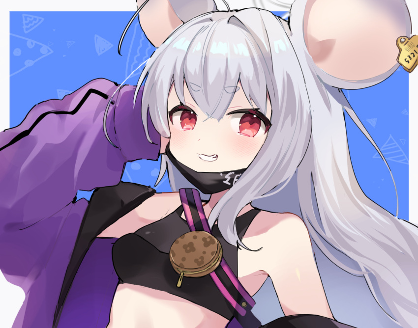 1girl, absurdly_long_hair, animal_ears, blue_archive, crop_top, halo, jacket, long_hair