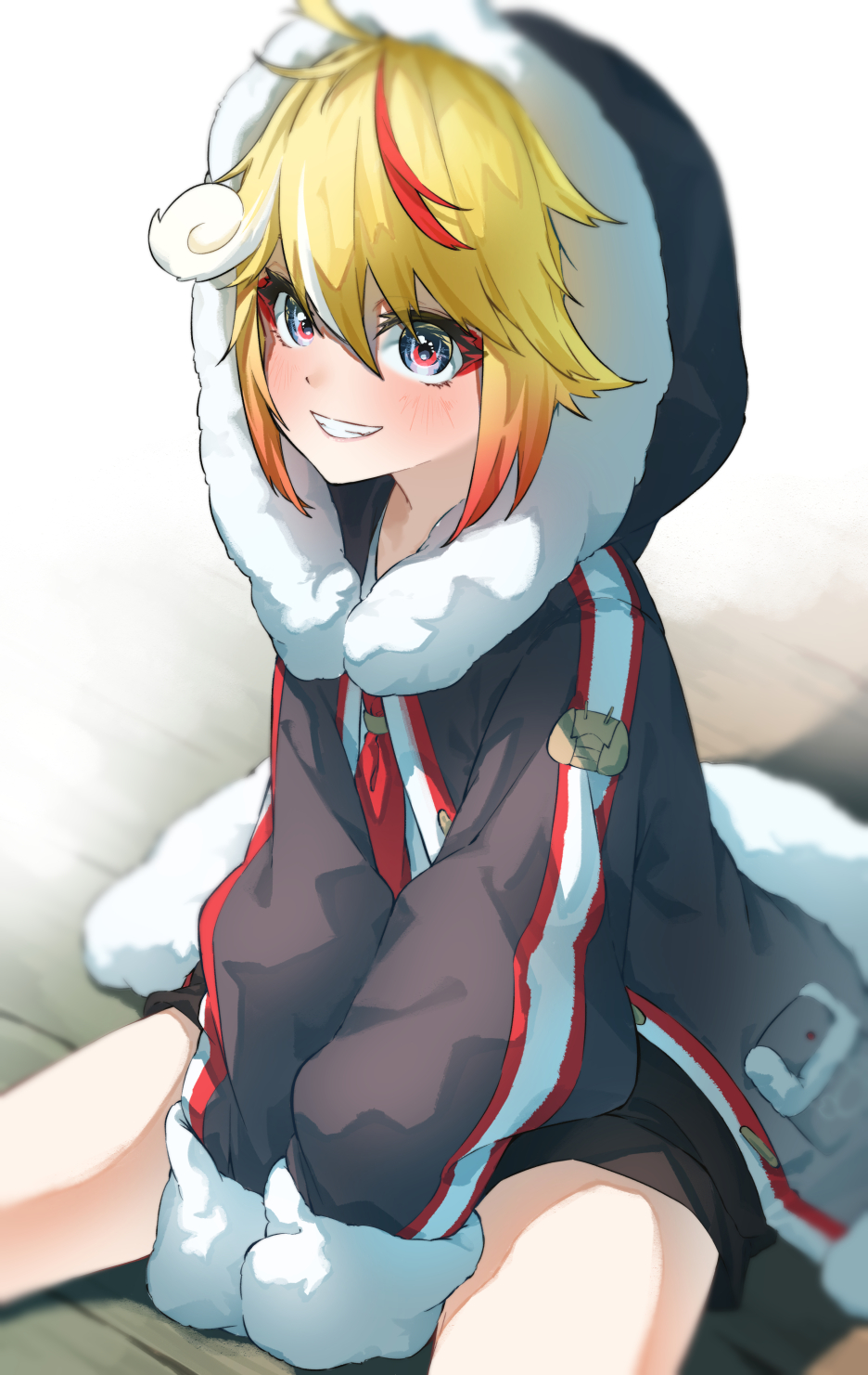 1boy, alternate_eye_color, azusa_(azunyan12), black_eyes, black_jacket, black_shorts, blonde_hair, blush