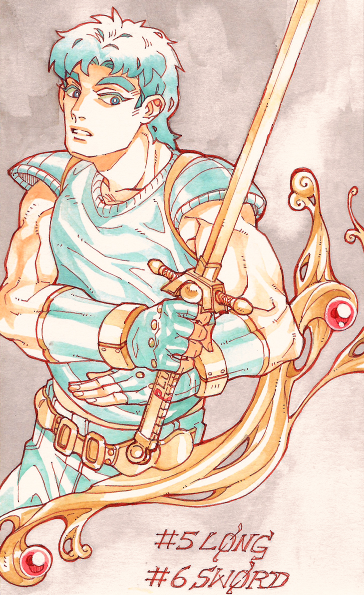 1boy, adachi_ruri, armor, blue_hair, fingerless_gloves, gloves, holding, holding_sword