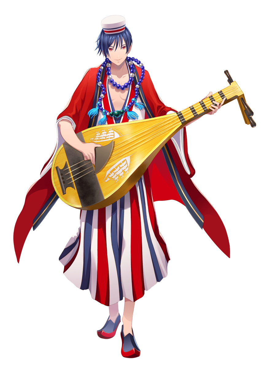 1boy, absurdres, artist_request, bead_necklace, beads, biwa_lute, blue_hair, check_commentary
