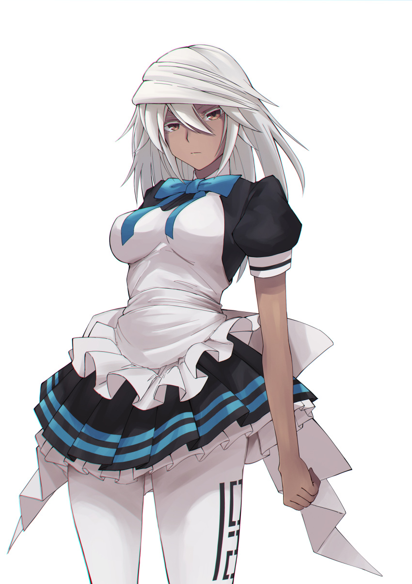 1girl, absurdres, apron, blue_archive, blue_ribbon, brown_eyes, clothes_lift, cosplay