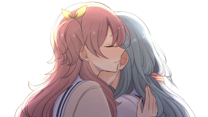 2girls, blue_hair, closed_eyes, doraimon0312, highres, hinomori_shizuku, hug, light_blue_hair