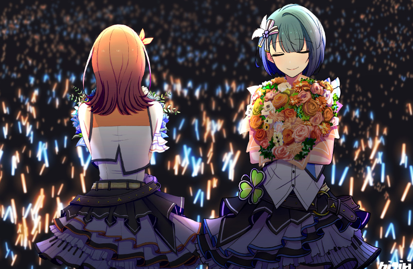 2girls, absurdres, audience, blue_hair, bouquet, brown_hair, closed_eyes, doraimon0312