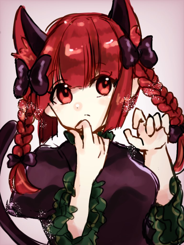 1girl, animal_ear_fluff, animal_ears, bangs, black_bow, blunt_bangs, blush, bow, braid, breasts, cat_ears, cat_tail, closed_mouth, dress, expressionless, extra_ears, eyebrows_visible_through_hair, finger_to_own_chin, frills, grey_background, grey_dress, hair_bow, hair_ribbon, hands_up, juliet_sleeves, kaenbyou_rin, kanau_(hiiragi-sei), long_hair, long_sleeves, looking_at_viewer, medium_breasts, multiple_tails, nekomata, nose_blush, pointy_ears, puffy_sleeves, red_eyes, redhead, ribbon, simple_background, solo, tail, touhou, tress_ribbon, twin_braids, twintails, two_tails, upper_body