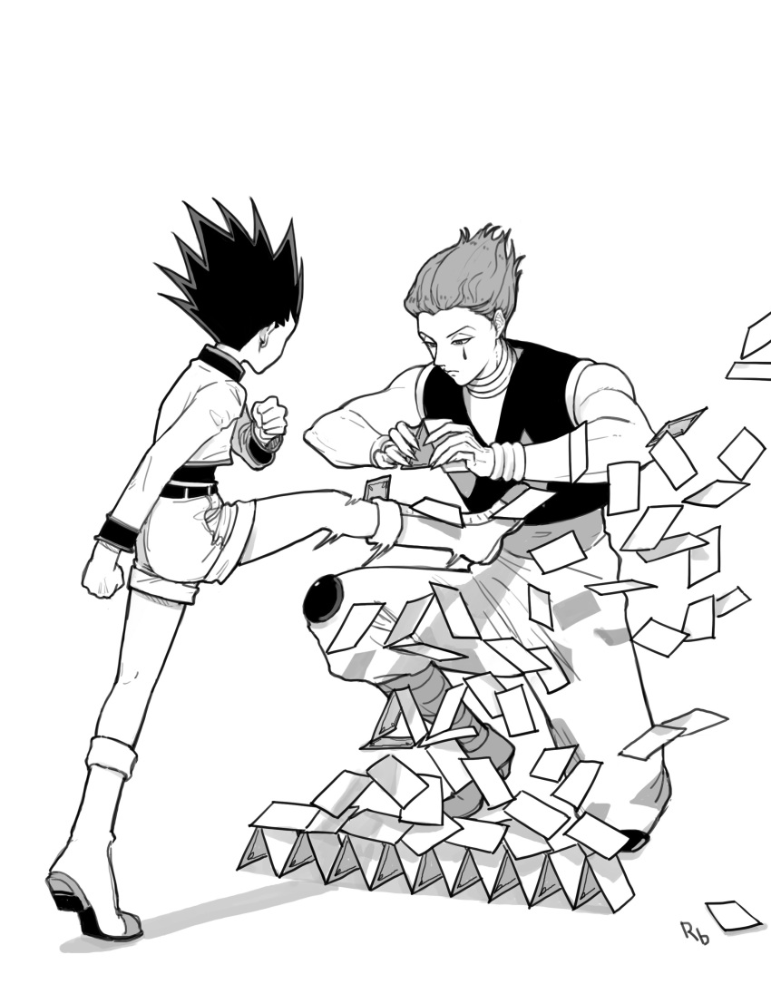 2boys, absurdres, card, expressionless, gon_freecss, greyscale, highres, hisoka_morow