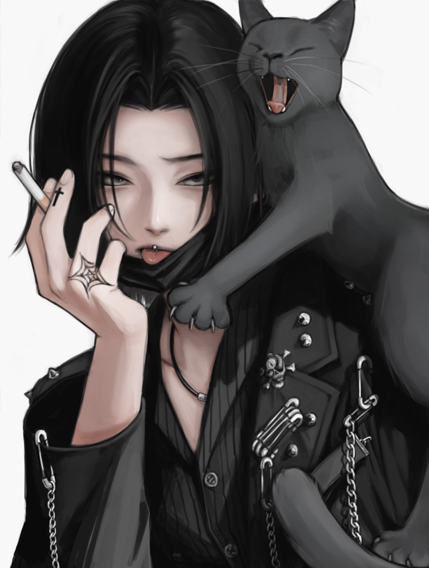 1boy, :p, absurdres, animated, bangs, black_cat, black_eyes, black_hair, black_shirt, cat, chain, cigarette, feitan, highres, holding, holding_cigarette, hunter_x_hunter, likeu_99, looping_animation, male_focus, mask, mouth_mask, parted_bangs, piercing, shirt, solo, spider_web_tattoo, tongue, tongue_out, tongue_piercing