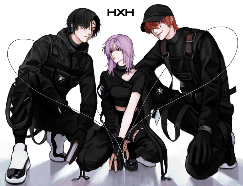 absurdres, animal_print, black_clothes, black_hair, black_legwear, black_shirt, chrollo_lucilfer, hair_down, hat, highres, hisoka_morow, hunter_x_hunter, likeu_99, machi_(hunter_x_hunter), one_knee, pink_hair, redhead, shirt, smile, spider_print, squatting