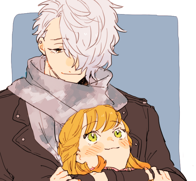 1boy, 1girl, black_jacket, blonde_hair, blush, bustafellows, earrings, green_eyes, grey_scarf, hair_over_one_eye, hug, hug_from_behind, jacket, jewelry, looking_down, looking_up, nanamatsu_(rapj4327), scarf, shu_(bustafellows), smile, stud_earrings, teuta_(bustafellows), white_hair, yellow_eyes