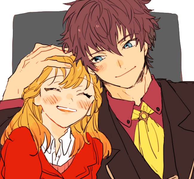 1boy, 1girl, black_jacket, blue_eyes, blush, braid, bustafellows, closed_eyes