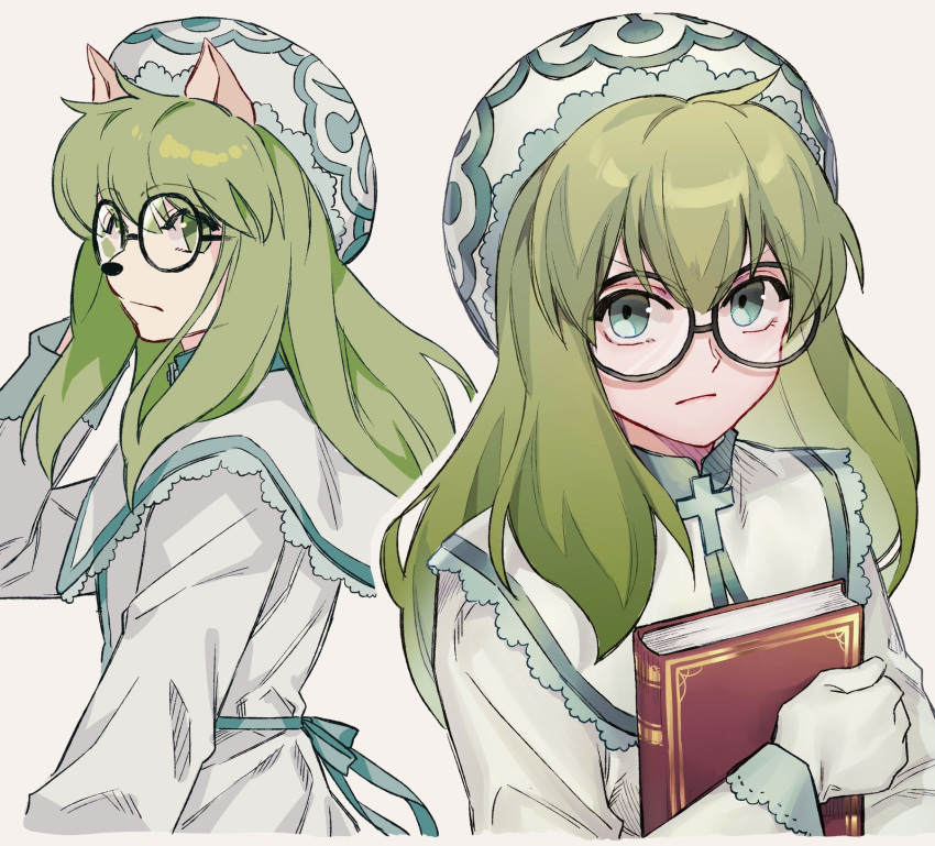 2girls, animal_ears, book, cheadle_yorkshire, cross, dog_ears, dog_girl, dual_persona, frills, glasses, green_eyes, green_hair, hat, highres, holding, holding_book, hunter_x_hunter, multiple_girls, multiple_views, sss14sana