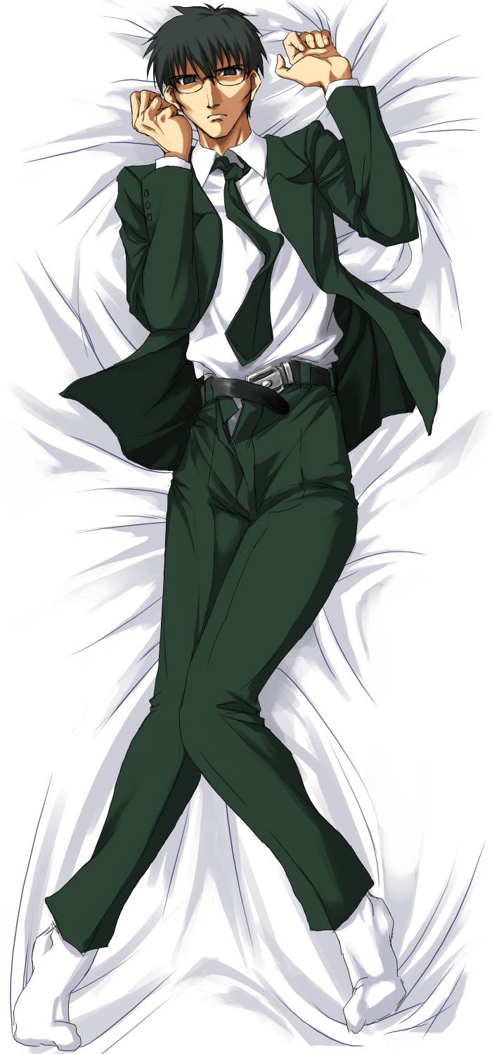 black_eyes, black_hair, dakimakura, fate/stay_night, fate_(series), formal, glasses, highres